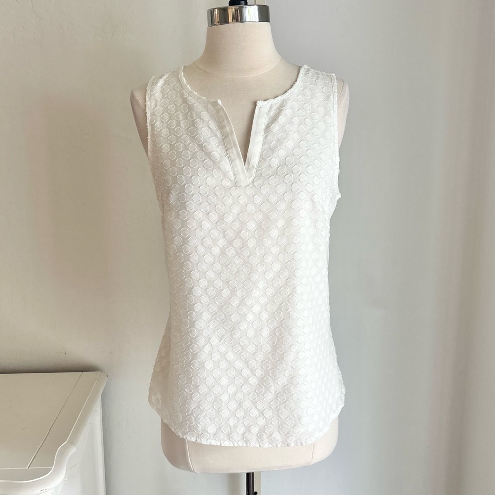 Market & Spruce Textured Mixed Woven Tank Split Neck Sleeveless Tank, White, S